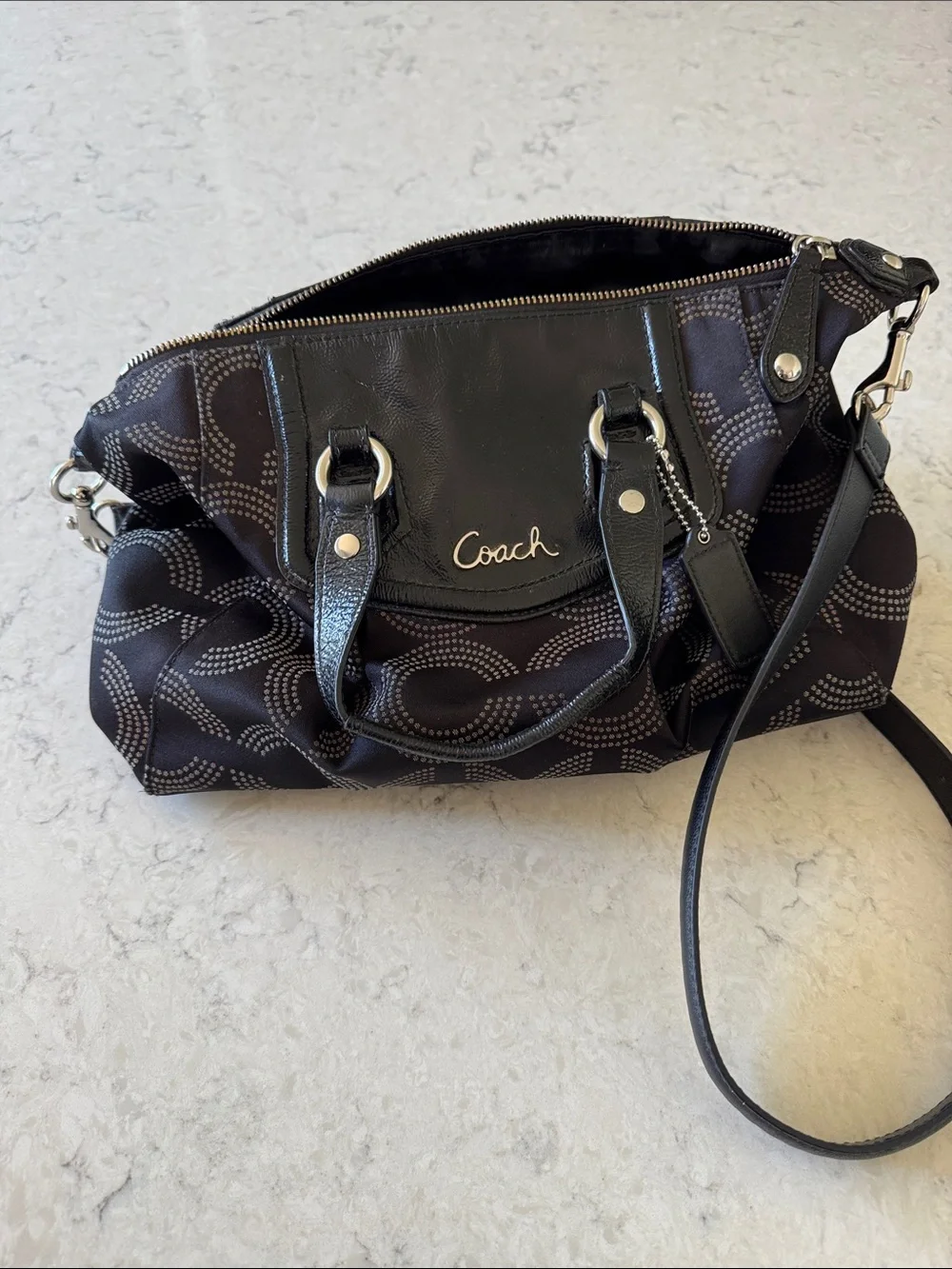 COACH Ashley Op Dot Black Signature Canvas Shoulder Satchel with Leather Trim